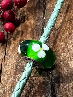 Authentic Vintage Pandora Murano Green Flowers Glass Bead White Flowers